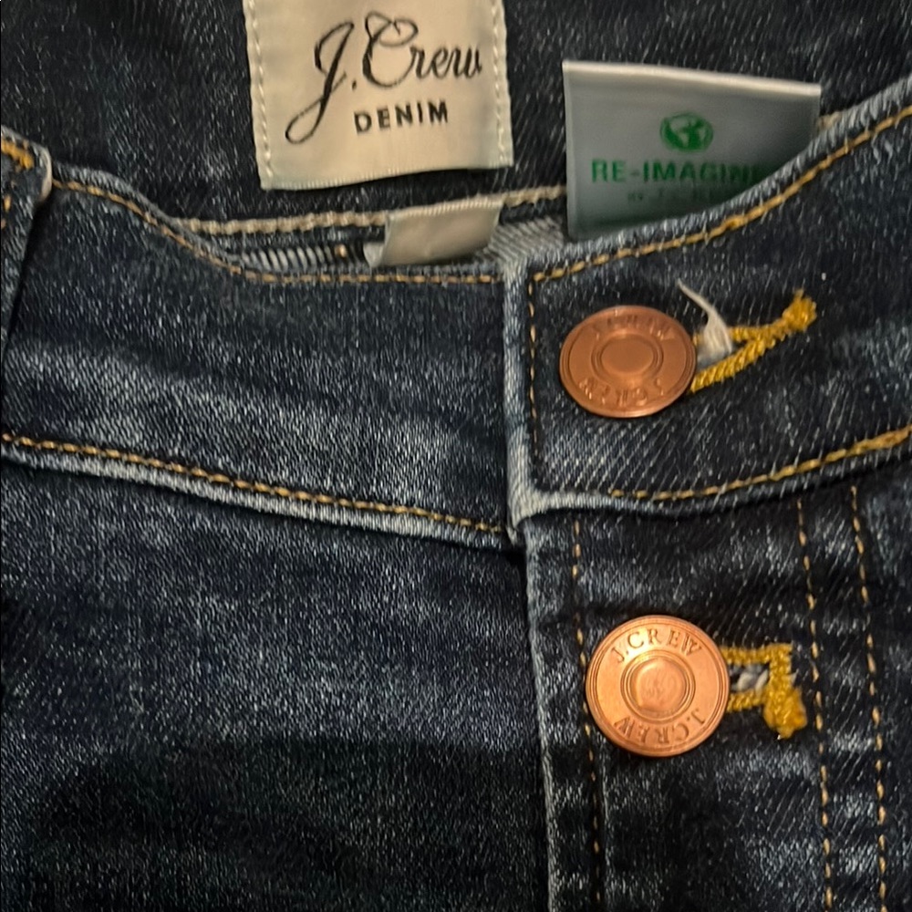 J. Crew Dark Wash Denim with Copper tone Accents buttons.